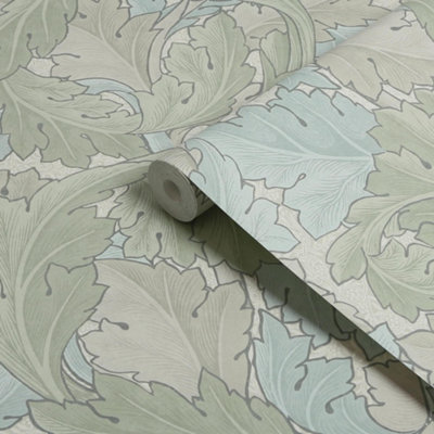 William Morris at Home Sage & Duck egg Arcanthus leaf Wallpaper