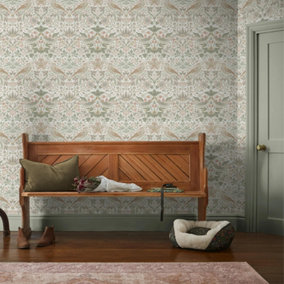 William Morris at Home Sage & Pink Strawberry Theif Damask Wallpaper