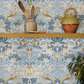 William Morris at Home Soft Blue Strawberry Theif Damask Wallpaper