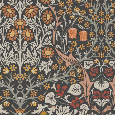 William Morris Charcoal & Burnt Orange Blackthorn Floral Wallpaper
