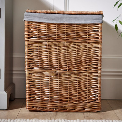 Willow Wicker Laundry Basket with Removable Cotton Lining & Lid Square Woven Rustic Style Rattan