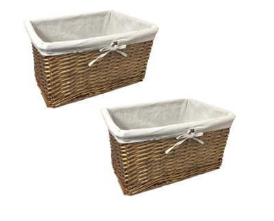 Willow Wicker Wider Big Deep Nursery Organiser Storage Xmas Hamper Basket Lined Brown Set of 2 Medium 36 x 26 x 15 cm