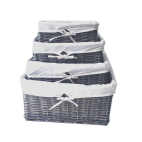 Willow Wicker Wider Big Deep Nursery Organiser Storage Xmas Hamper Basket Lined Grey,Full Set S+M+L+XL
