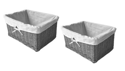 Willow Wicker Wider Big Deep Nursery Organiser Storage Xmas Hamper Basket Lined Grey,Set of 2 Small