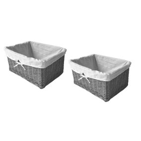 Willow Wicker Wider Big Deep Nursery Organiser Storage Xmas Hamper Basket Lined Grey,Set of 2 Small