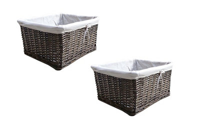 Willow Wicker Wider Big Deep Nursery Organiser Storage Xmas Hamper Basket Lined Oak,Set of 2 Small