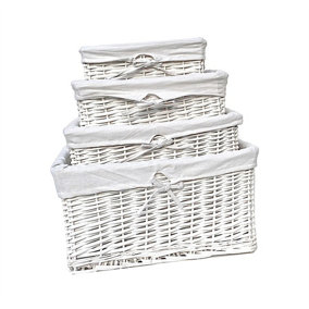 Willow Wicker Wider Big Deep Nursery Organiser Storage Xmas Hamper Basket Lined White,Full Set S+M+L+XL
