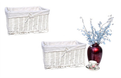 Willow Wicker Wider Big Deep Nursery Organiser Storage Xmas Hamper Basket Lined White Set of 2 Small 32 x 22 x 12 cm