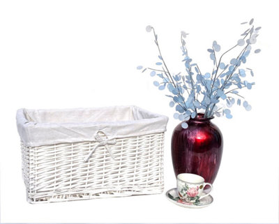 Willow Wicker Wider Big Deep Nursery Organiser Storage Xmas Hamper Basket Lined White Small 32 x 22 x 12 cm
