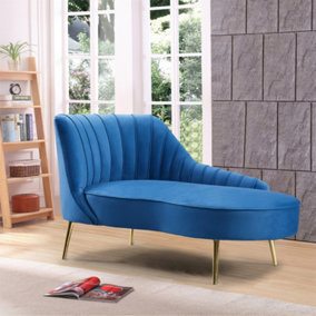 Wilmot 161cm Wide Blue Velvet Fabric Shell Back Chaise Lounge Sofa with Golden Coloured Legs