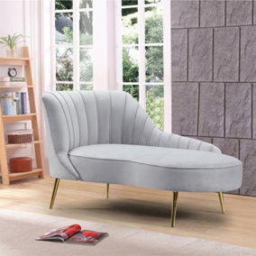 Wilmot 161cm Wide Grey Velvet Fabric Shell Back Chaise Lounge Sofa with Golden Coloured Legs