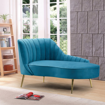 Wilmot 161cm Wide Teal Velvet Fabric Shell Back Chaise Lounge Sofa with Golden Coloured Legs