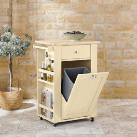Winchcombe Bin Cart - Portable Recycling or Laundry Trolley with Drawer, Side Storage & Towel Rail - H83 x W59 x D40cm, Cream