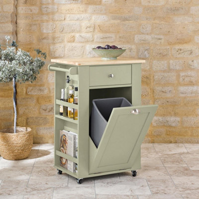 Winchcombe Bin Cart - Portable Recycling or Laundry Trolley with Drawer, Side Storage & Towel Rail - H83 x W59 x D40cm, Sage