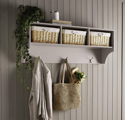 Winchcombe Hallway Coat Rack with Wicker Baskets Shelf Light Grey Country Style Wall Mounted Storage Unit with 3 Hooks