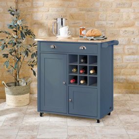 Winchcombe Kitchen or Utility Island Cart with 2 Cupboards, Drawer, Wine Rack, Towel Rail, 4 Wheels - H83 x W80 x D45cm, Blue