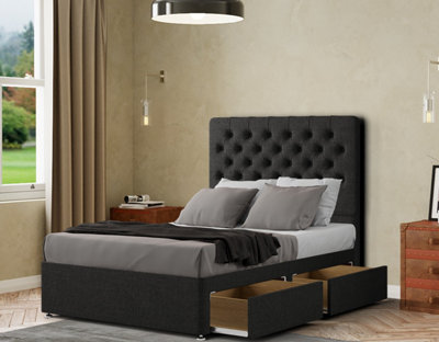 Winchester Divan Bed 2 Drawers Floor Standing Headboard Matching Buttons Linen Black
