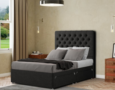Winchester Divan Bed 2 Drawers Floor Standing Headboard Matching Buttons Linen Black