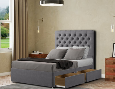 Winchester Divan Bed 2 Drawers Floor Standing Headboard Matching Buttons Linen Grey