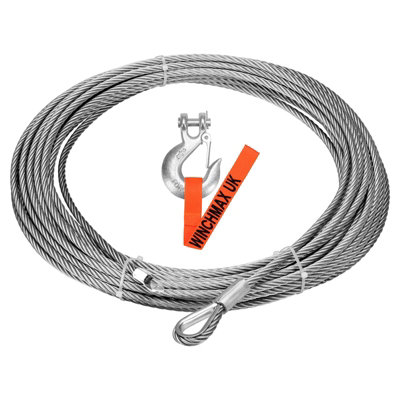 WINCHMAX Steel Rope 26m x 9.5mm, Hole Fix. Black Roller Fairlead and 3/8  inch Clevis Hook. For winches up to 13,500lb.