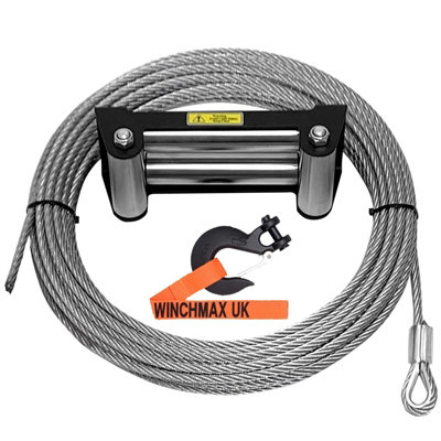 WINCHMAX Steel Rope 26m x 9.5mm, Hole Fix. Black Roller Fairlead and 3/8  inch Clevis Hook. For winches up to 13,500lb.
