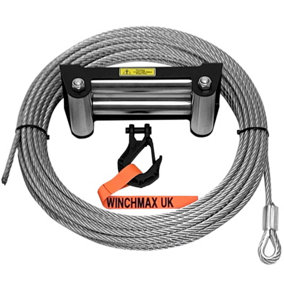 WINCHMAX Steel Rope 26m x 9.5mm, Hole Fix. Roller Fairlead. 3/8 inch Tactical Hook. For winches up to 13,500lb.