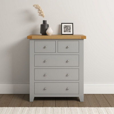 Windsor 3+2 Drawer Chest Pebble Grey with Real Oak Top Fully Assembled