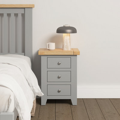 Windsor 3 Drawer Bedside Pebble Grey with Oak Top Fully Assembled