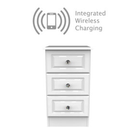 Windsor 3 Drawer Bedside  - WIRELESS CHARGING in White Gloss (Ready Assembled)