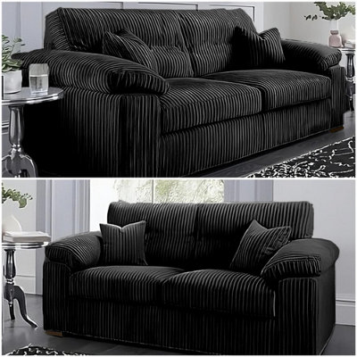 Windsor 5 Seater Black Jumbo Cord Upholstered 3 + 2 Sofa Set