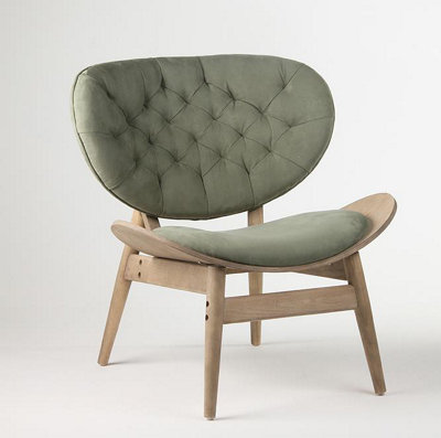 Windsor Accent Chair Green Velvet Seat and Backrest with a Natural Elm Frame