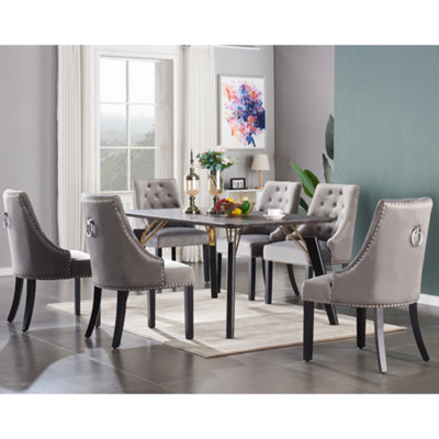 Windsor Cosmo LUX 7PCs Dining Set includes a Black Dining Table and Set of 6 Dark Grey Dining Chairs