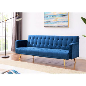 Windsor Luxury Fabric Sofa Bed Blue Velvet with Metal Gold Legs Clic Clac Sofabed Tufted Button Backrest Seat Track Armrests