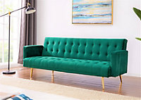 Windsor Luxury Fabric Sofa Bed Green Velvet with Metal Gold Legs Clic Clac Sofabed Tufted Button Backrest Seat Track Armrests
