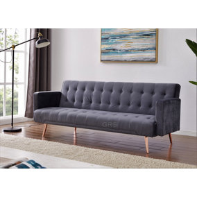 Windsor Luxury Fabric Sofa Bed Grey Velvet with Metal Rose Gold Legs Clic Clac Sofabed Tufted Button Backrest Seat Track Armrests