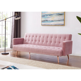 Windsor Luxury Fabric Sofa Bed Pink Velvet with Metal Rose Gold Legs Clic Clac Sofabed Tufted Button Backrest Seat Track Armrests