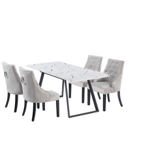 Windsor Toga Lux Dining Table Set with 4 Chairs, White/ Black Table & Light Grey Chairs
