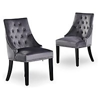 Windsor Velvet Upholstered Dining Chair Dining Room Kitchen Living Room, Diamond Tufted Button Back Knocker Set of 2, Dark Grey