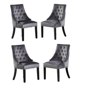 Windsor Velvet Upholstered Dining Chair Dining Room Kitchen Living Room, Diamond Tufted Button Back Knocker Set of 4, Dark Grey