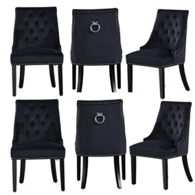 Windsor Velvet Upholstered Dining Chair Dining Room Kitchen Living Room, Diamond Tufted Button Back Knocker Set of 6, Black