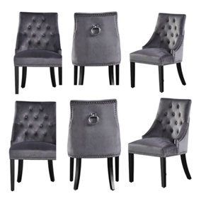 Windsor Velvet Upholstered Dining Chair Dining Room Kitchen Living Room, Diamond Tufted Button Back Knocker Set of 6, Dark Grey