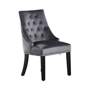 Windsor Velvet Upholstered Dining Chair Dining Room Kitchen Living Room, Diamond Tufted Button Back Knocker, Single, Dark Grey