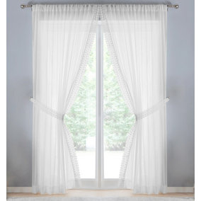 Windsor White Crushed Voile Panel with Marame Trim and Tie Back - Pair 140 x 122cm (55x48")