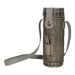 Wine Bottle Carrier & Opener - Antique Finish - Woven Willow Case w/Strap Handle