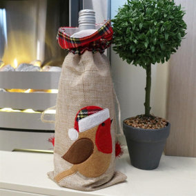 Wine Bottle Liquor Cover Bag with Drawstring Printed Pattern Burlap Hessian Linen Novelty Dinner Table Decorations-Reindee