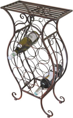 Wine Rack - Decorative Free Standing Metal Framed Wine Rack for 13 Wine Bottles With Shelf - Bronze