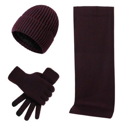 Wine Red Autumn & Winter Warm Knitted Woolen Hat Scarf Gloves Set