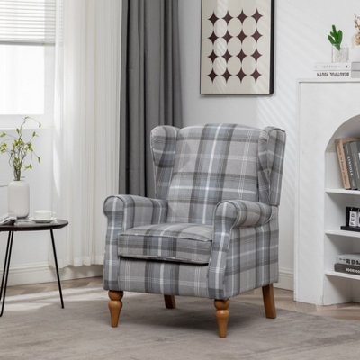 Wing Back Fireside Check Fabric Armchair