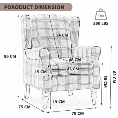 Wing Back Fireside Check Fabric Armchair