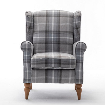 Wing Back Fireside Check Fabric Armchair